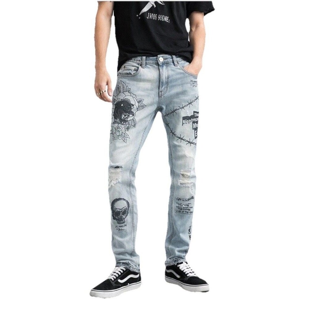 Ninth Hall Rogue Jeans Mens 30x31 Graffiti Tattoo Skull Distressed Y2K Grunge